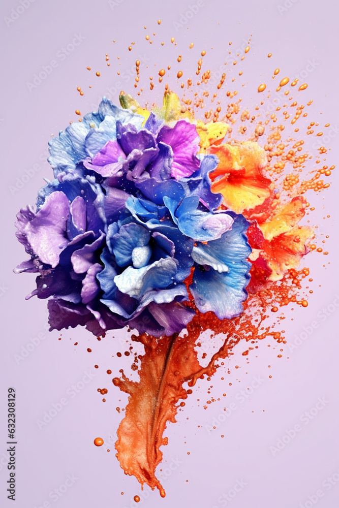 Aufkleber An abstract surreal photograph of a Hydrangea splashed in bright paint. Generative AI technology.