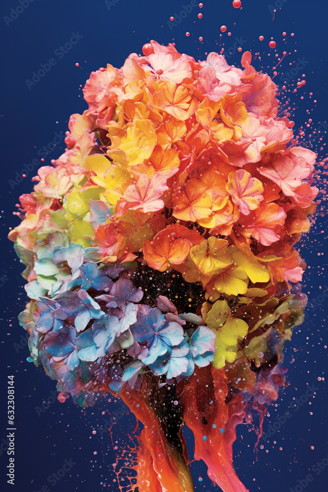 Aufkleber An abstract surreal photograph of a Hydrangea splashed in bright paint. Generative AI technology.