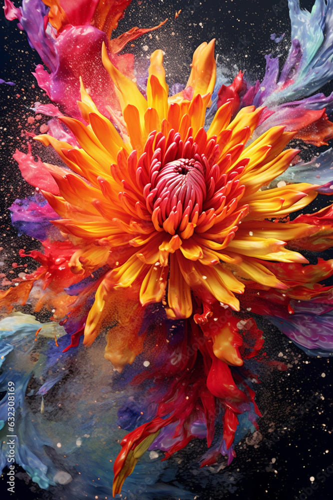 Aufkleber An abstract surreal photograph of a Chrysanthemum splashed in bright paint.  Generative AI technology.