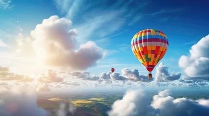 Poster Hot air balloon in sky with sky and landscape  © eireenz