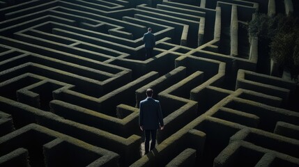 Confused man thinks how to find the right way to exit from a maze. Solution, thinking concept background - obrazy, fototapety, plakaty