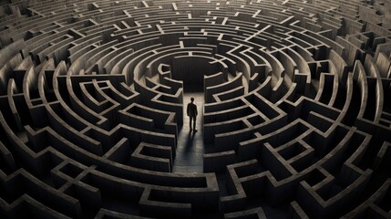 Confused man thinks how to find the right way to exit from a maze. Solution, thinking concept background
