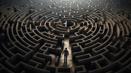 Confused man thinks how to find the right way to exit from a maze. Solution, thinking concept background