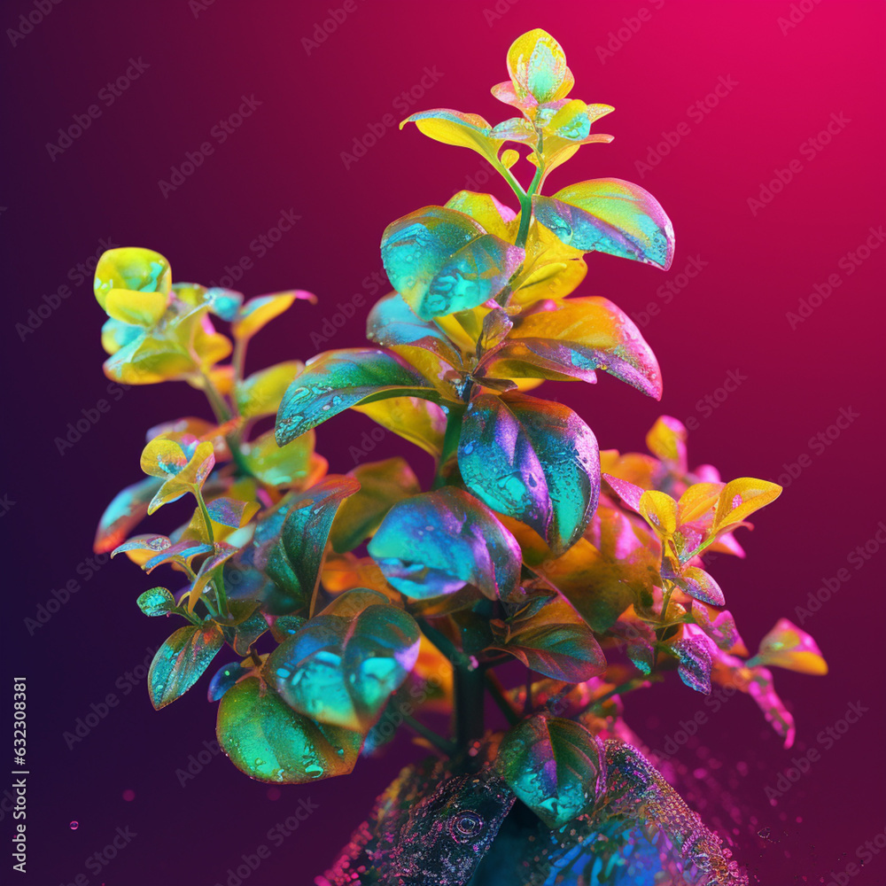 Fototapete An abstract surreal photograph of a Marjoram splashed in bright paint.  Generative AI technology.