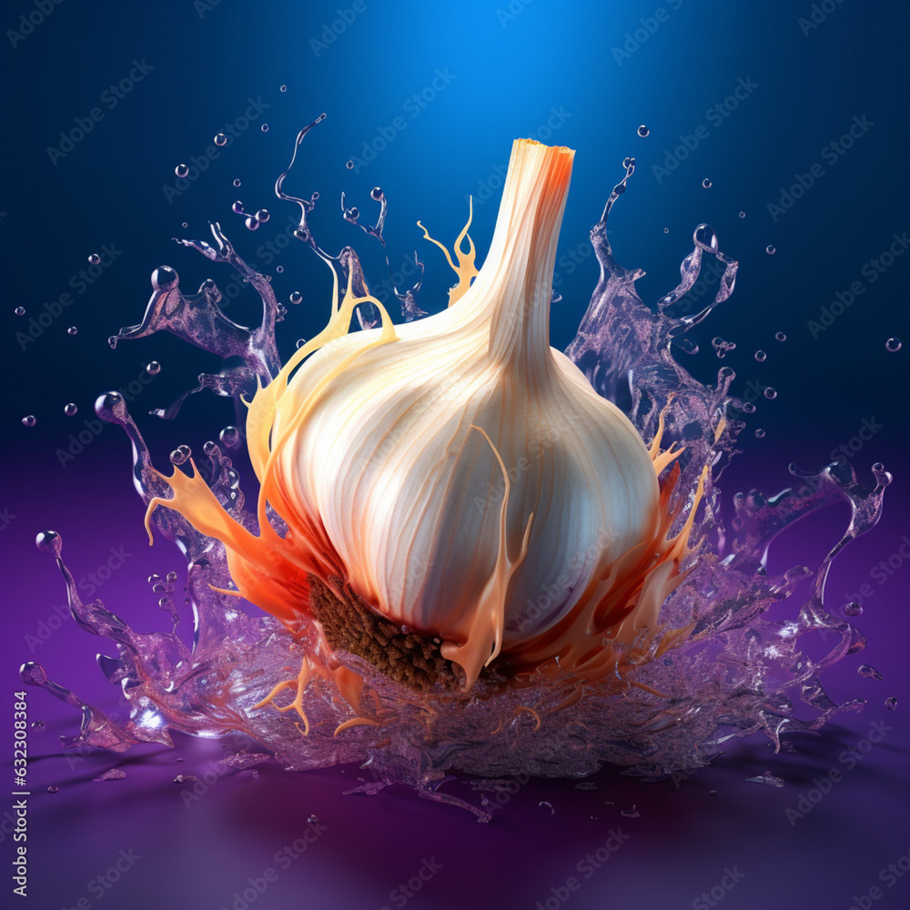 Aufkleber An abstract surreal photograph of a Garlic splashed in bright paint.  Generative AI technology.
