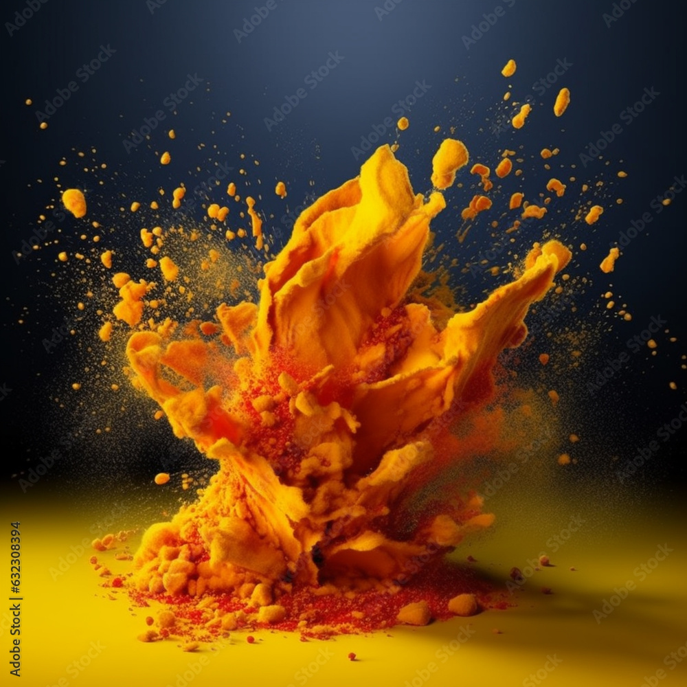Leinwandbilder an abstract surreal photograph of a turmeric splashed in bright paint. generative ai technology.
