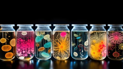 Background with mixed bacteria colonies, fungi or microbes in various petri dish. Growing cultures of microorganisms