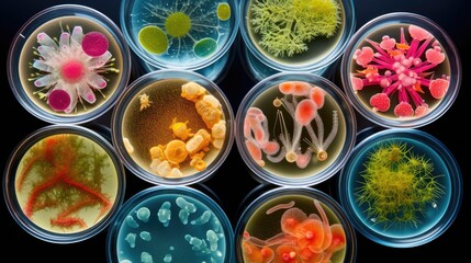 Background with mixed bacteria colonies, fungi or microbes in various petri dish. Growing cultures of microorganisms