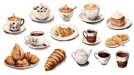  a painting of a variety of pastries and coffees.  generative ai