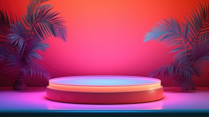 Obraz premium Mock up of summer neon podium scene with palm leaves, product presentation showcase