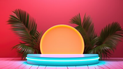 Mock up of summer neon podium scene with palm leaves, product presentation showcase