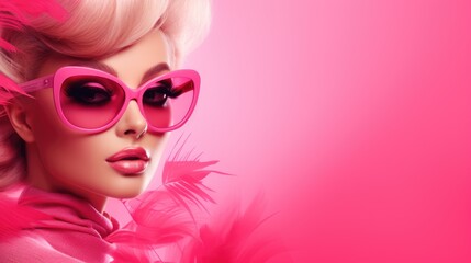 Naklejka premium Fashion portrait of beautiful woman with pink hair and sunglasses on pink background