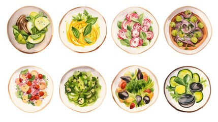  a bunch of plates with different types of food on them.  generative ai