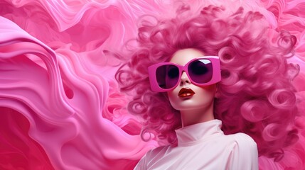 Fashion portrait of beautiful woman with pink hair and sunglasses on pink background