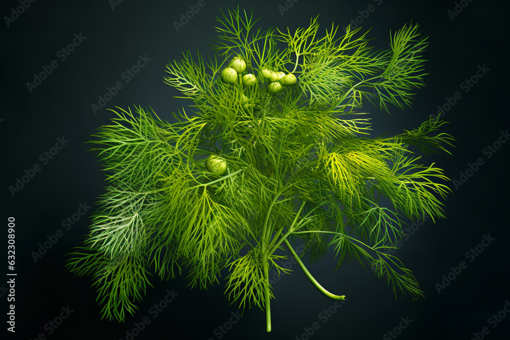 Poster a photo showcasing a sprig of dill, highlighting its feathery leaves and distinctive flavor. generat