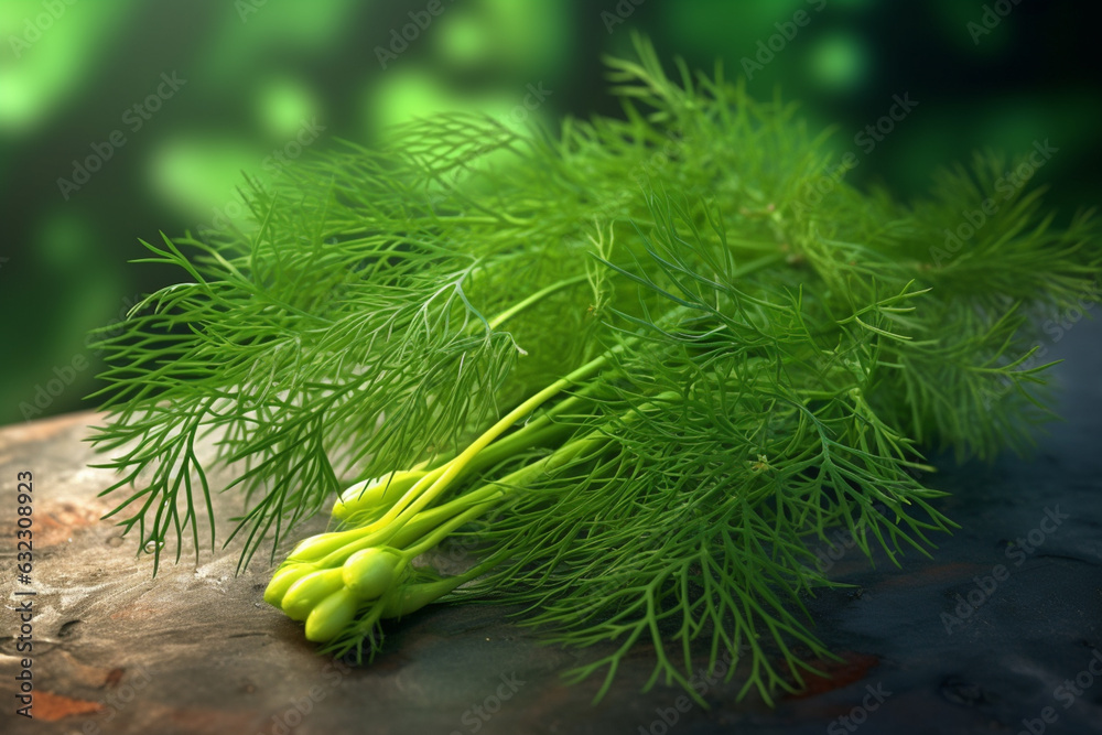 Poster a photo showcasing a sprig of dill, highlighting its feathery leaves and distinctive flavor. generat