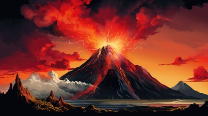 Eruption of the volcanic mountain with flowing red magma. Volcano erupting