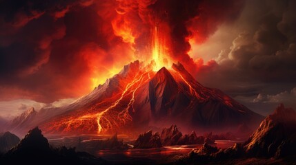Eruption of the volcanic mountain with flowing red magma. Volcano erupting