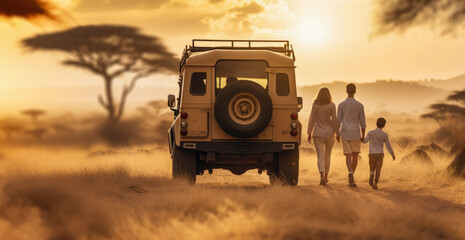 Young couple with kid walking over savanna next to off road vehicle at sunset, family on african...