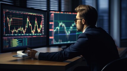 Stock trader business man looking at graph stock market on screen analyzing invest strategy, financial risks
