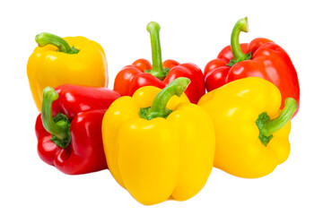 PAPRIKA.Fresh yellow and red bell pepper isolated on white background. Bulgarian salad pepper .Fresh vegetables. Harvest. Vegan. close up