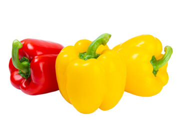 PAPRIKA.Fresh yellow and red bell pepper isolated on white background. Bulgarian salad pepper .Fresh vegetables. Harvest. Vegan. close up