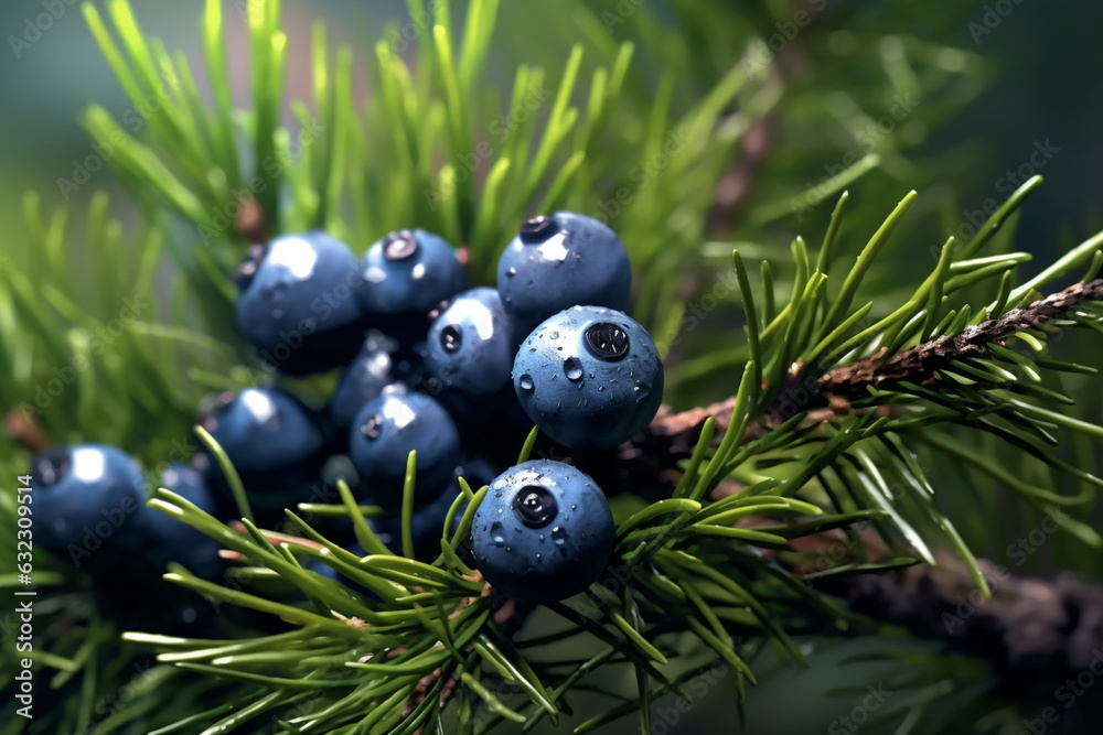 Aufkleber an image capturing juniper berries, showcasing their dark blue color and pine-like aroma. generative