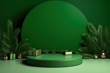 Green Christmas background with podium