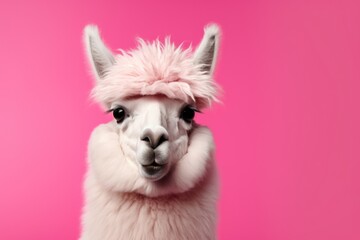 funny alpaca on pink background, AI Generated