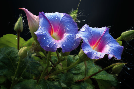 A close-up shot of Morning glory (Ipomoea tricolor), displaying its trumpet-shaped flowers and the presence of psychoactive ergoline alkaloids.  Generative AI technology.