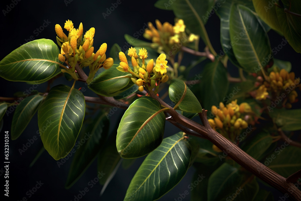 Poster an image featuring yohimbe (pausinystalia yohimbe), with its dark green leaves, small yellow flowers