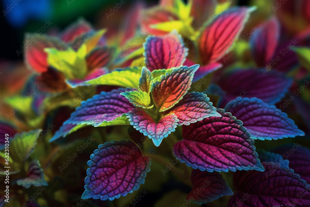 Poster a vibrant photo of coleus (coleus spp.), with its colorful and patterned leaves, showcasing its orna