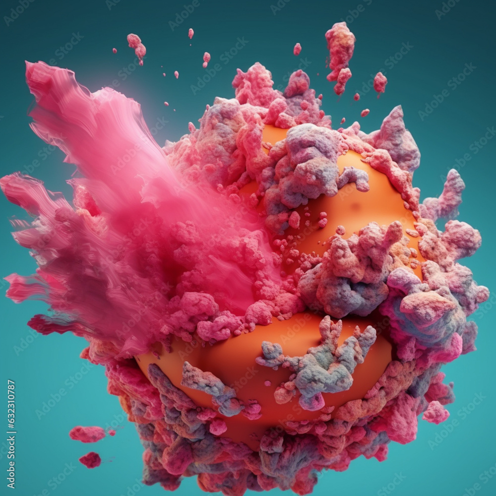 Poster An abstract surreal photograph of a Rhodochrosite splashed in bright paint. Generative AI technology.
