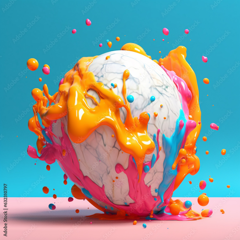 Leinwandbilder An abstract surreal photograph of a Howlite splashed in bright paint.  Generative AI technology.