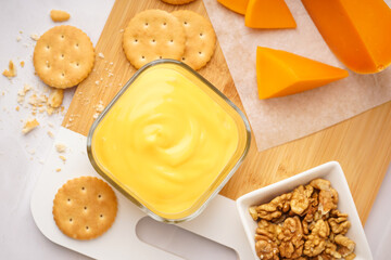 Bowls of tasty cheddar sauce with crackers, cheese chunks and walnuts on white grunge background