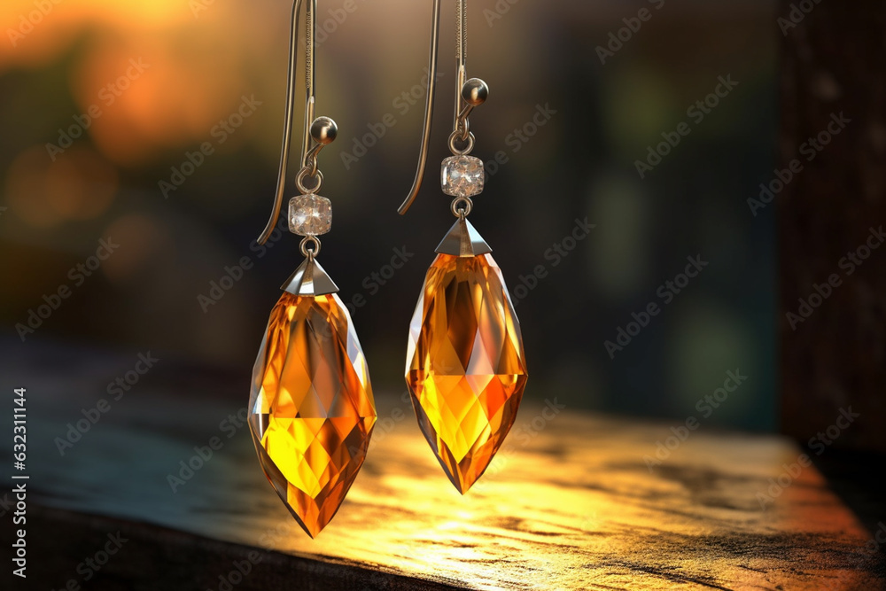 Leinwandbilder an artistic photo of a pair of dangle earrings featuring faceted citrine gemstones, catching the lig