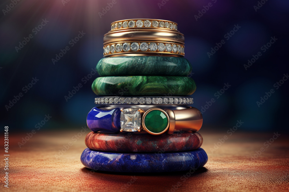 Poster a photo showcasing a stack of gemstone rings in different colors and textures, including malachite, 