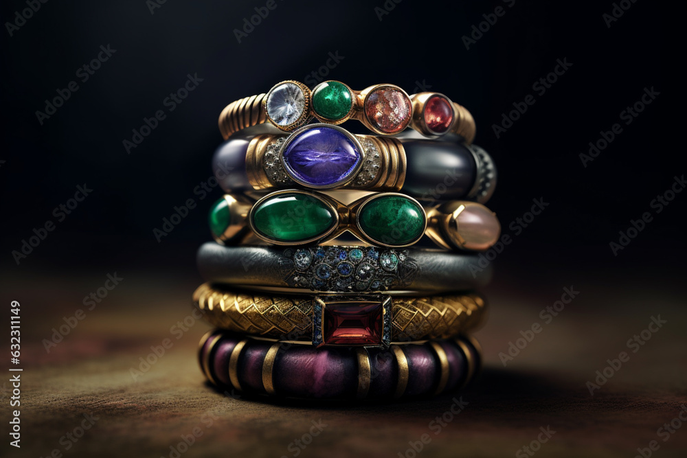 Poster a photo showcasing a stack of gemstone rings in different colors and textures, including malachite, 