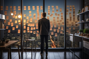 Back view of young businessman looking at sticky notes on wall in office. generative AI