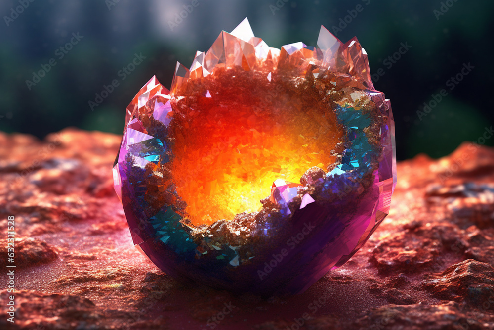 Leinwandbilder a vibrant photo of a crystal geode, with its rough exterior revealing a sparkling and crystalline in