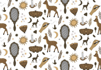 Witchcraft seamless pattern of deer, mirrors, hands, moths, candles, stars, suns and moons on white background. Cozy whimsigothic vector background with beige and brown textured elements.