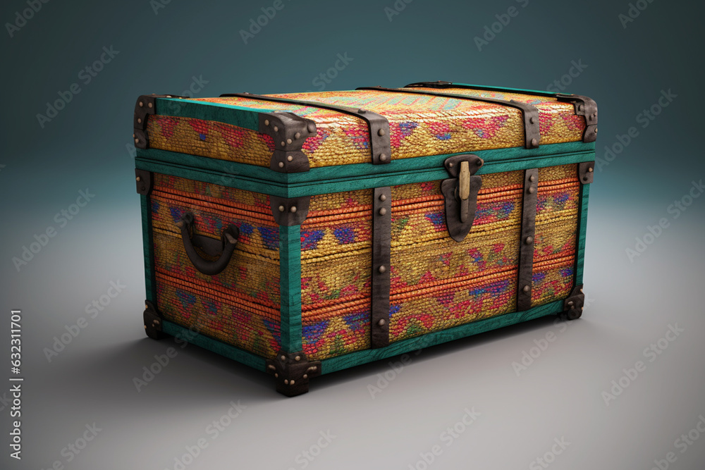 Poster an image capturing a woven storage trunk, made from natural fibers like jute or banana leaf, with a 