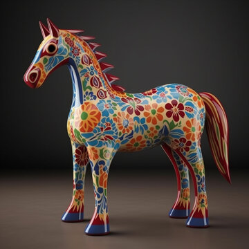 An image showcasing the traditional Swedish Dala horse patterns, featuring colorful and intricate designs painted on wooden horse figurines, Generative AI technology.