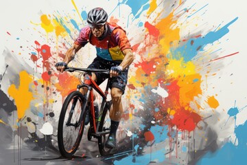 Abstract modern digital colorful art made with foot bicycle rider with geometric shapes. - obrazy, fototapety, plakaty