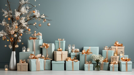 Generative AI, gift boxes with elegant ribbons lie against the background of a plain wall, christmas, new year, holiday, birthday, place for text