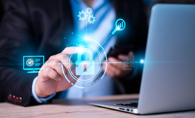 Cyber security Data Protection Information privacy. businessman using internet network security, protect business financial transaction data from cyber attack, user private data security encryption..