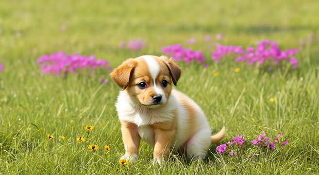 immagine primo piano di simpatico cucciolo di cane in un prato con fiori, luce diurna

