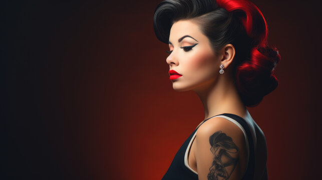 Beautiful pinup woman on darm background, pin-up style girl