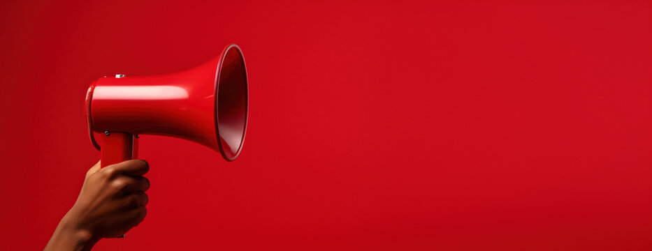 Generative AI, megaphone in hand on a empty red background, panoramic image with copy space