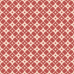 Vector geometric seamless pattern with rounded grid, net, mesh, lattice, circles, diamonds, curved lines. Simple abstract red and beige background. Retro vintage style ornament texture. Repeat design